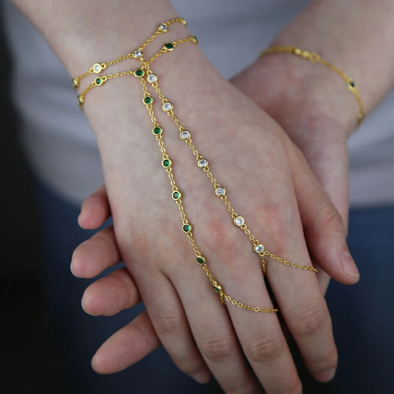 Colorful Bezel Round Dot Gold Plated CZ Link Chain Slave Bracelet