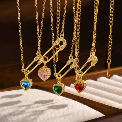 Gold Plated CZ Safety Pin Love Heart Pendant Necklace