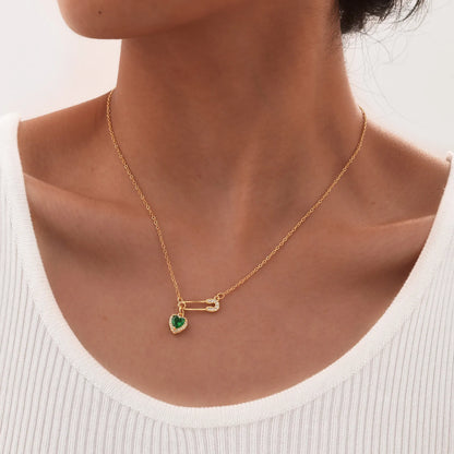 Gold Plated CZ Safety Pin Love Heart Pendant Necklace