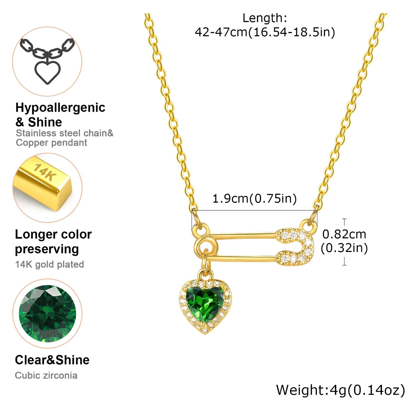 Gold Plated CZ Safety Pin Love Heart Pendant Necklace