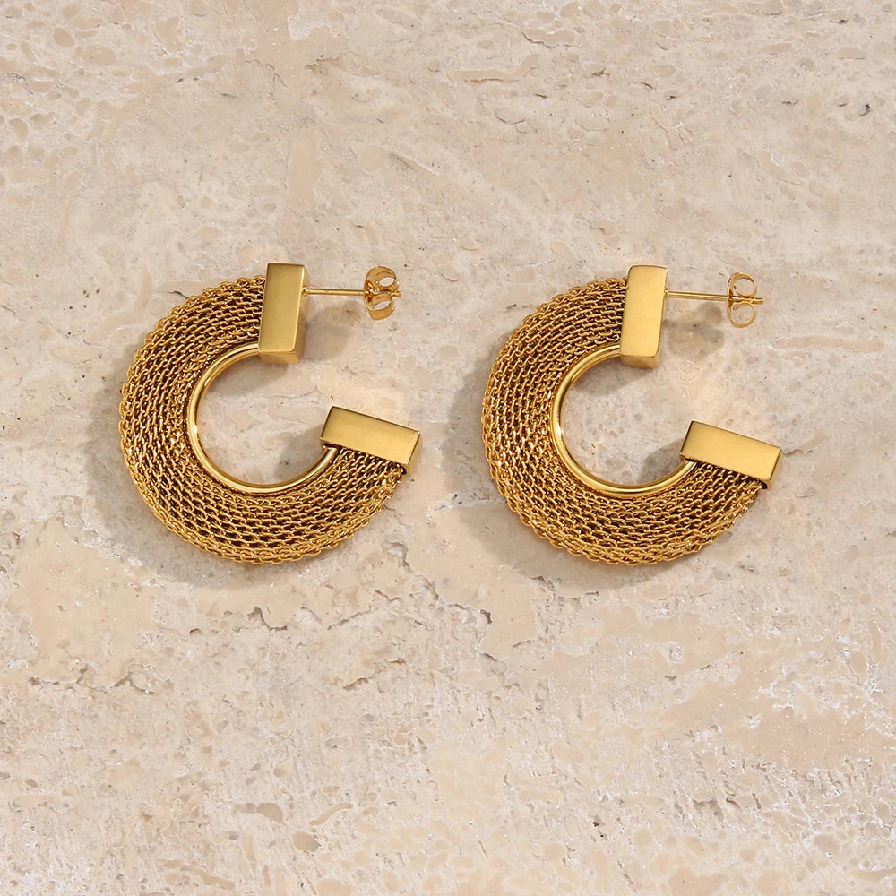 Exaggerated Flat Mesh CC Earrings Statement Stainless Steel 18K Gold Plated Earrings