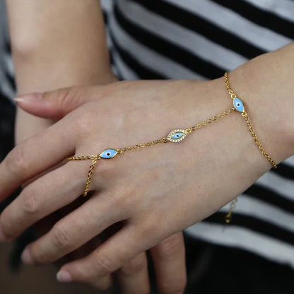 Gold Plated Enamel Evil Eye Charm Hand Chain Bracelet