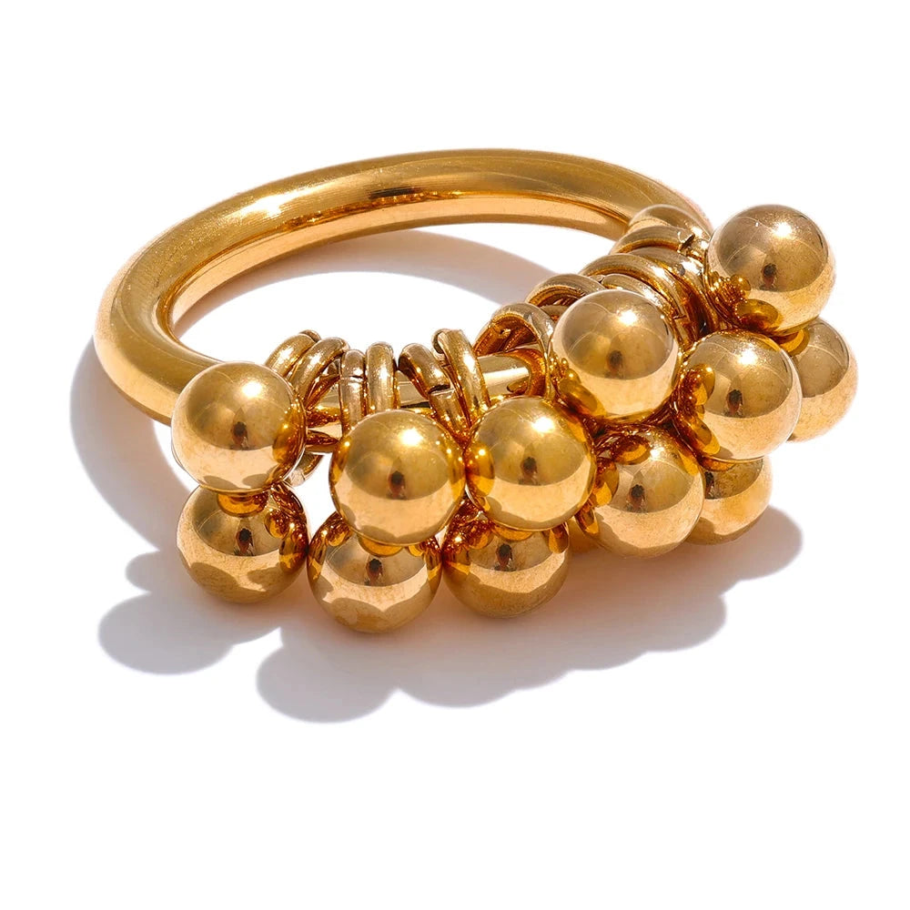 Texture Stainless Steel Metal Layered Round Beads Ring 18K Gold Plated