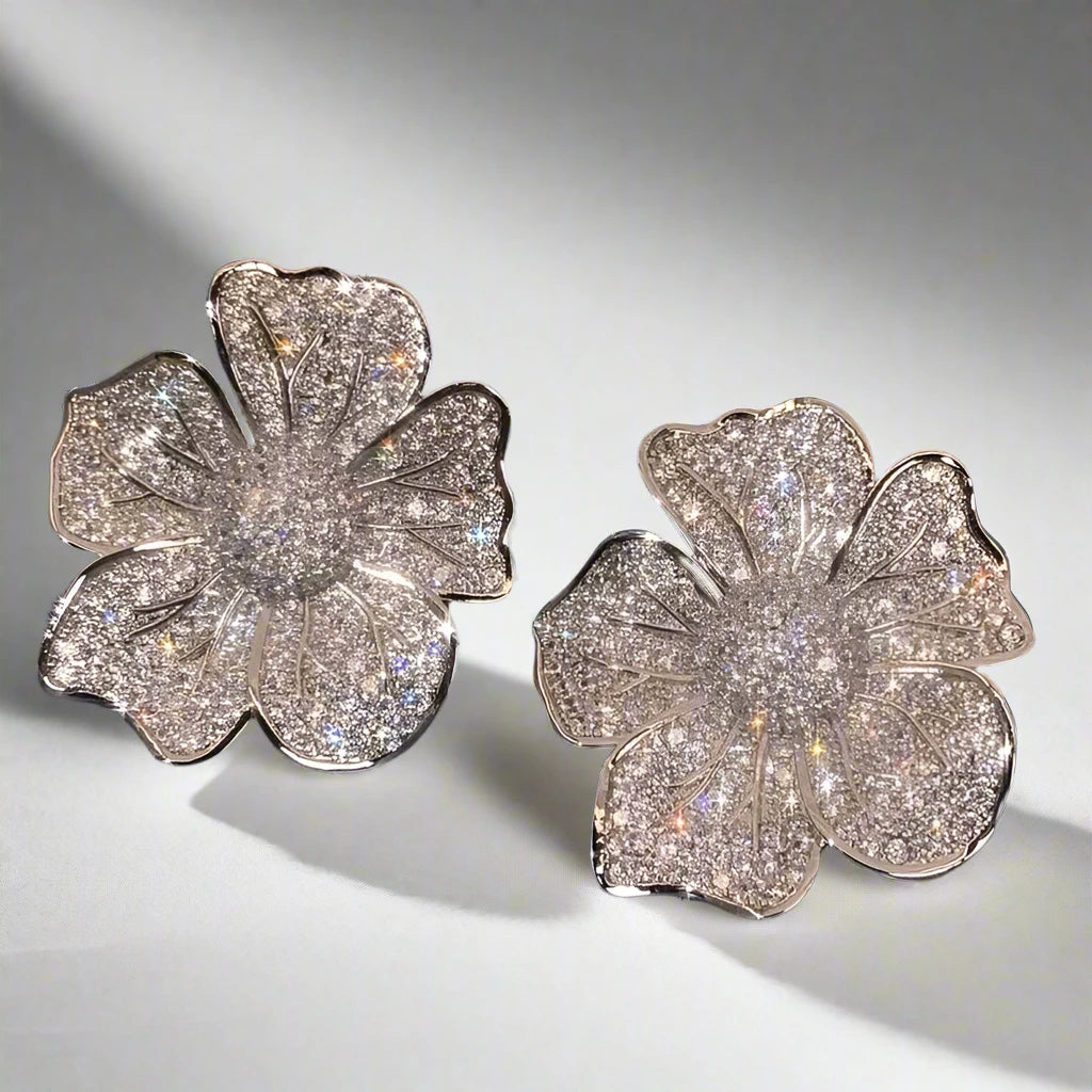 Aesthetic Big Flower Design Full Bling Iced Out CZ Sparkling Earrings