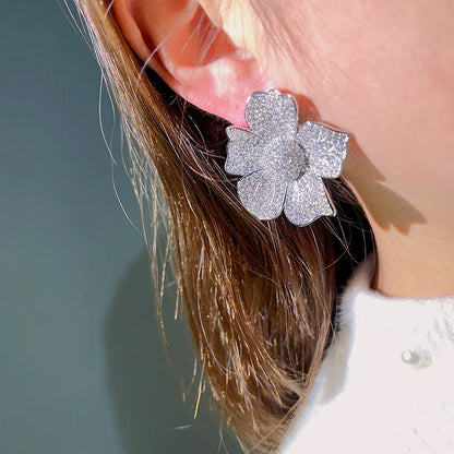 Aesthetic Big Flower Design Full Bling Iced Out CZ Sparkling Earrings