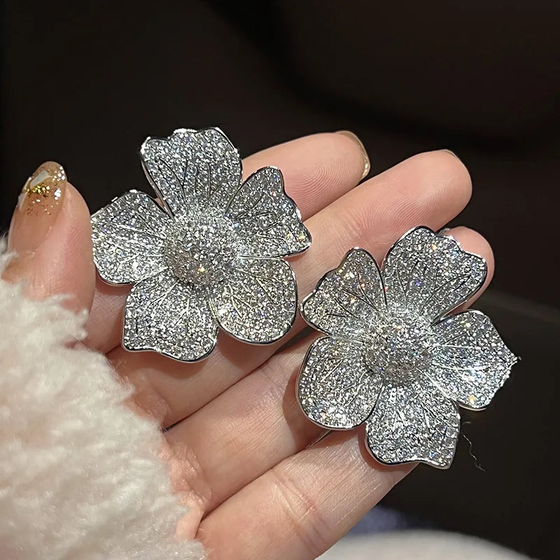 Aesthetic Big Flower Design Full Bling Iced Out CZ Sparkling Earrings