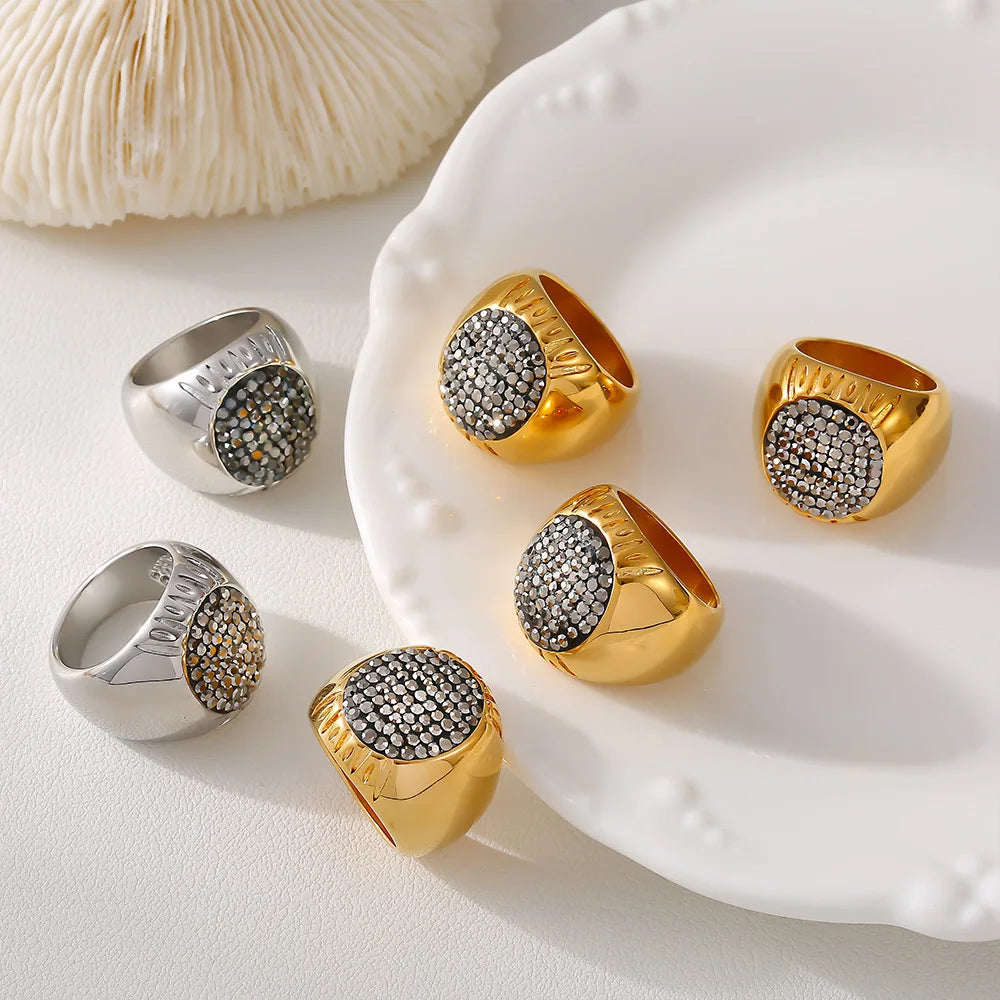 Luxury Shiny Rhinestones Beautiful Gold Plated Waterproof Stainless Steel Ring