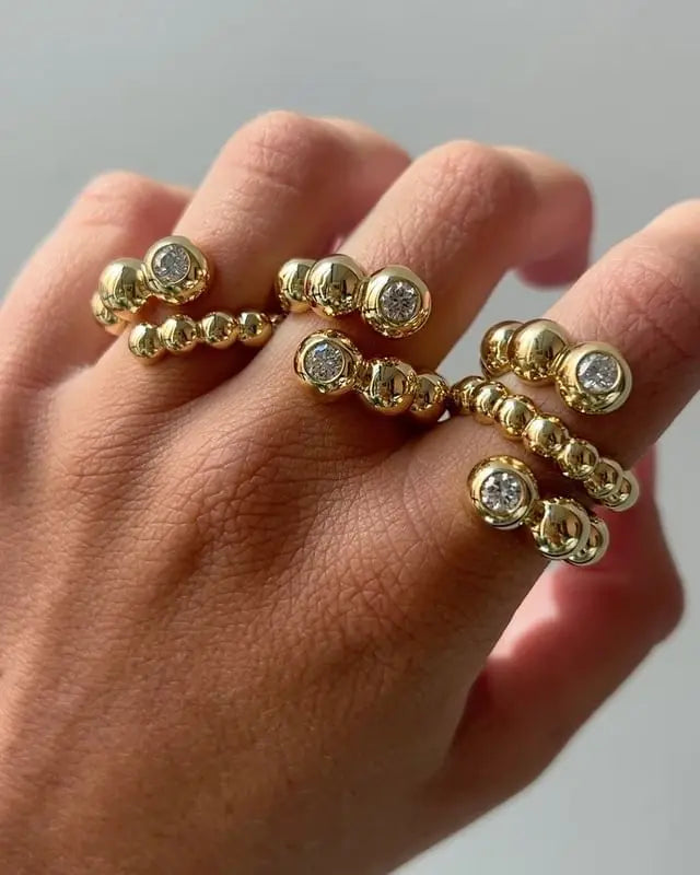 Geometric Jewelry Set Gold Color Round Ball Bezel Set CZ Bracelet Rings