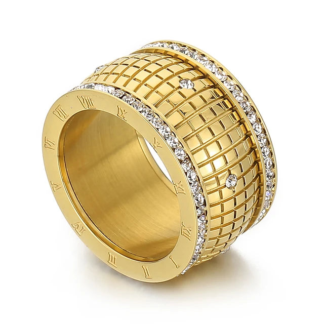 Roman Numerals Lattice Rinestone 18K Gold Plated Chunky Rings