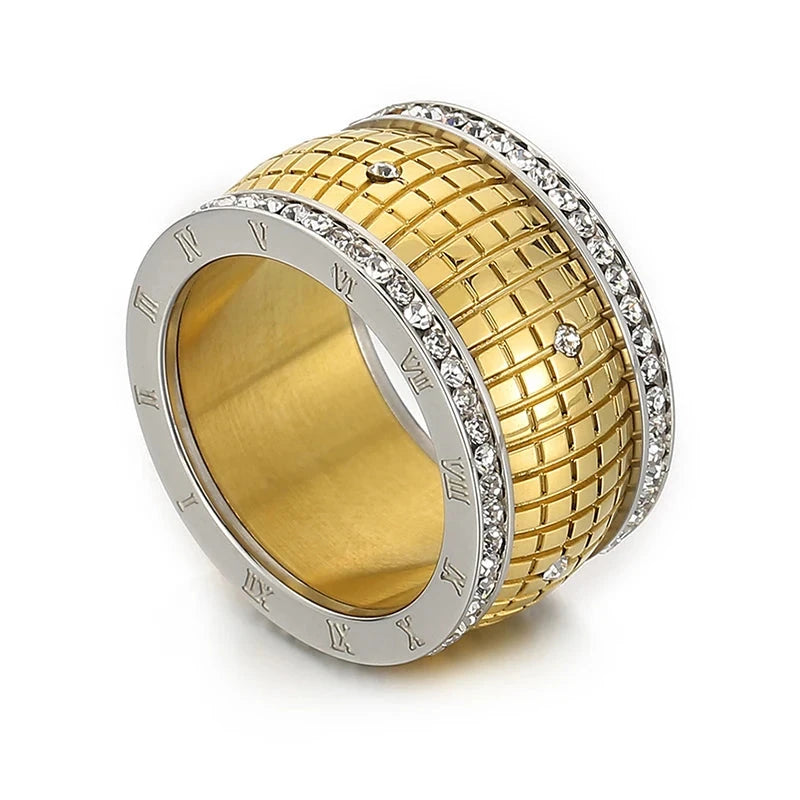 Roman Numerals Lattice Rinestone 18K Gold Plated Chunky Rings