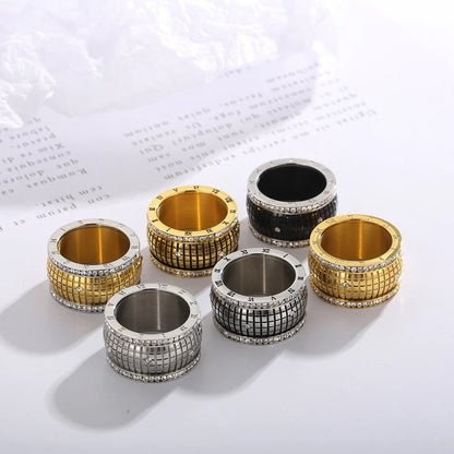 Roman Numerals Lattice Rinestone 18K Gold Plated Chunky Rings