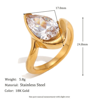 Stainless Steel Jewelry Temperament Water Droplet Zircon Ring for Women 18KGold Plated