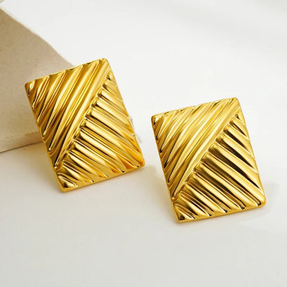 Vintage Stud Earrings Stainless Steel Texture Geometric Smooth Metal Gold Plated