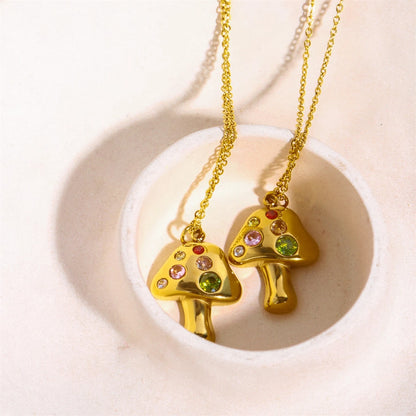 Titanium Steel Gold Mushroom Necklace Lucky Symbol 18K Gold Plated Embedded with Zirconium Pendant