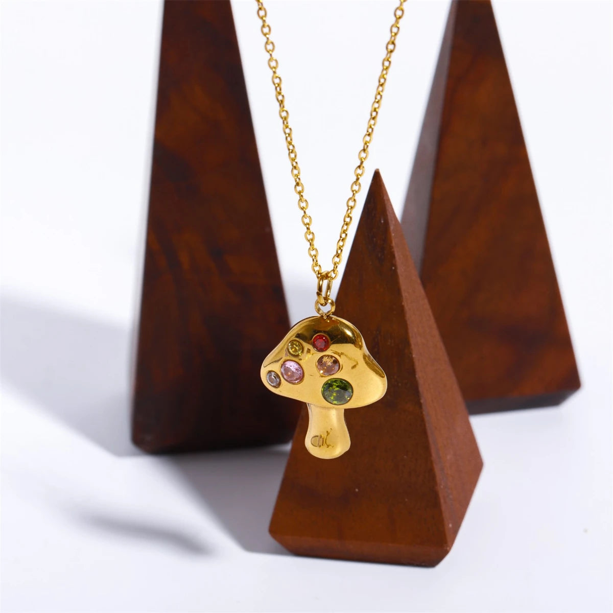 Titanium Steel Gold Mushroom Necklace Lucky Symbol 18K Gold Plated Embedded with Zirconium Pendant