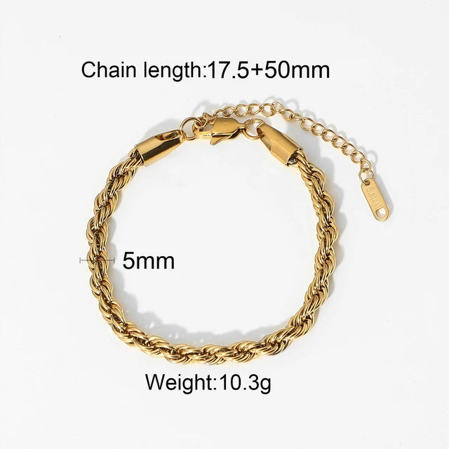 18K Gold Stainless Steel Simple Gold Rope Chain Bracelet Stacking Figaro Heavy Metal Texture