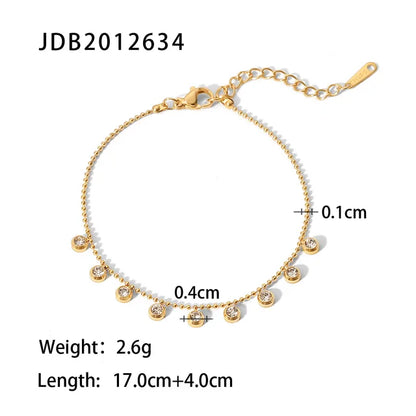 New 18K Gold Plated Clear Zircon Charms Stainless Steel Bead Chain Round Zircons Necklace Bracelet