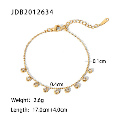 New 18K Gold Plated Clear Zircon Charms Stainless Steel Bead Chain Round Zircons Necklace Bracelet