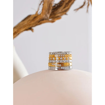 Summer Popular Shiny Cubic Zirconia Round Thin Ring Minimalist Stainless Steel 18K Gold Plated