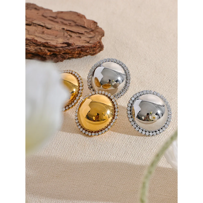 Round Big Stud Earrings 30mm Smooth Stainless Steel Bling Cubic Zirconia Gold Plated