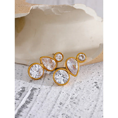 Delicate AAA Shiny Cubic Zirconia Stainless Steel Gold Plated Bling Stud Earrings