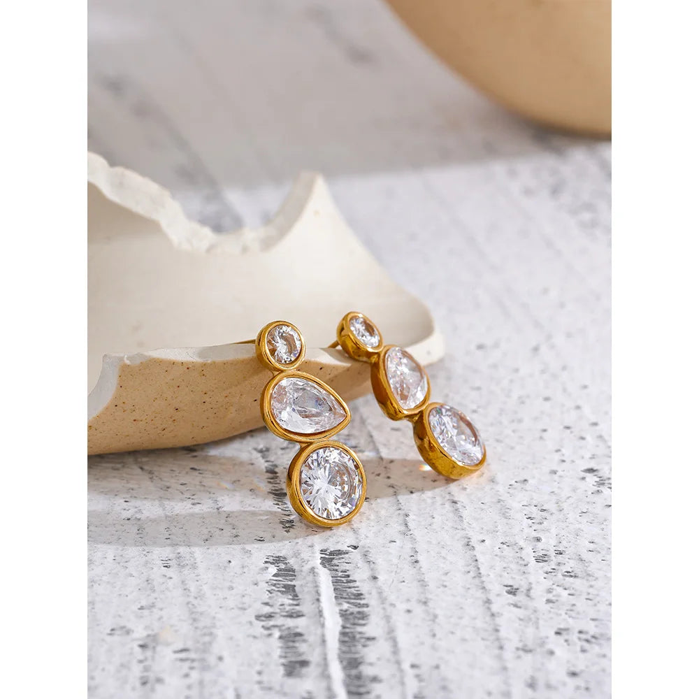 Delicate AAA Shiny Cubic Zirconia Stainless Steel Gold Plated Bling Stud Earrings