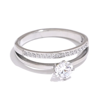 Delicate Shiny Cubic Zirconia Stainless Steel Double Layer Classic Ring