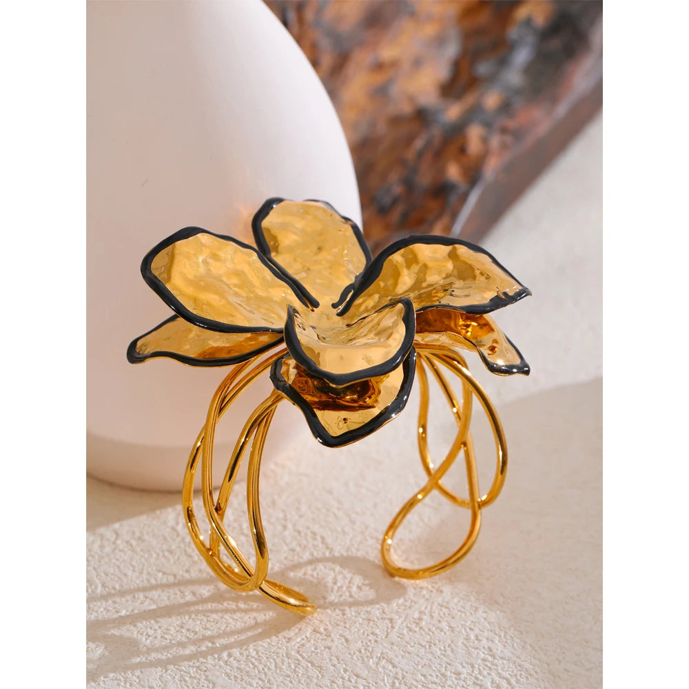 Exclusive Stainless Steel 18K Gold Plated Large Flower Exaggerated Open Bracelet