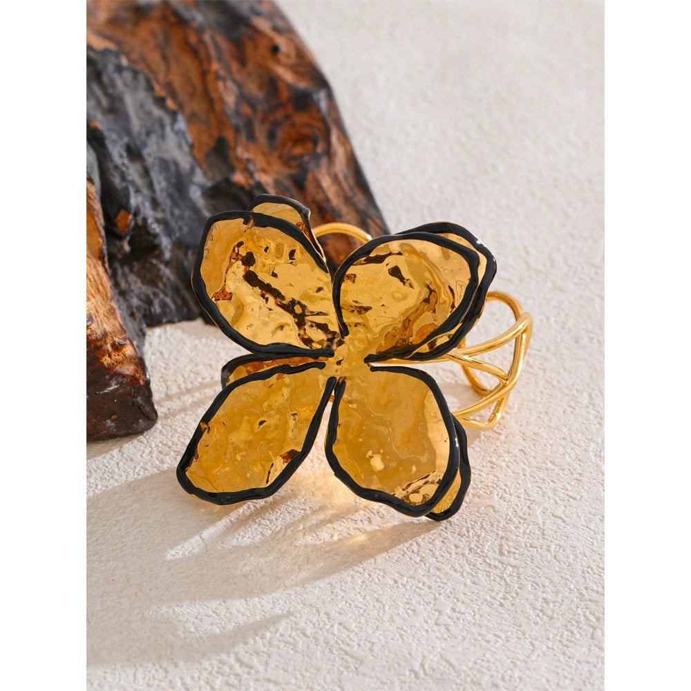 Exclusive Stainless Steel 18K Gold Plated Large Flower Exaggerated Open Bracelet