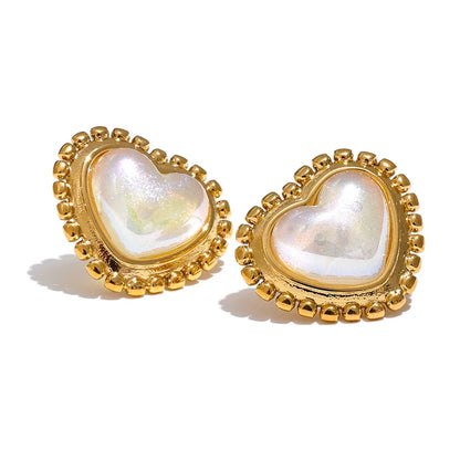 Exquisite Imitation Pearl Heart Love Daily Stainless Steel 18K Gold Plated Stud Earrings