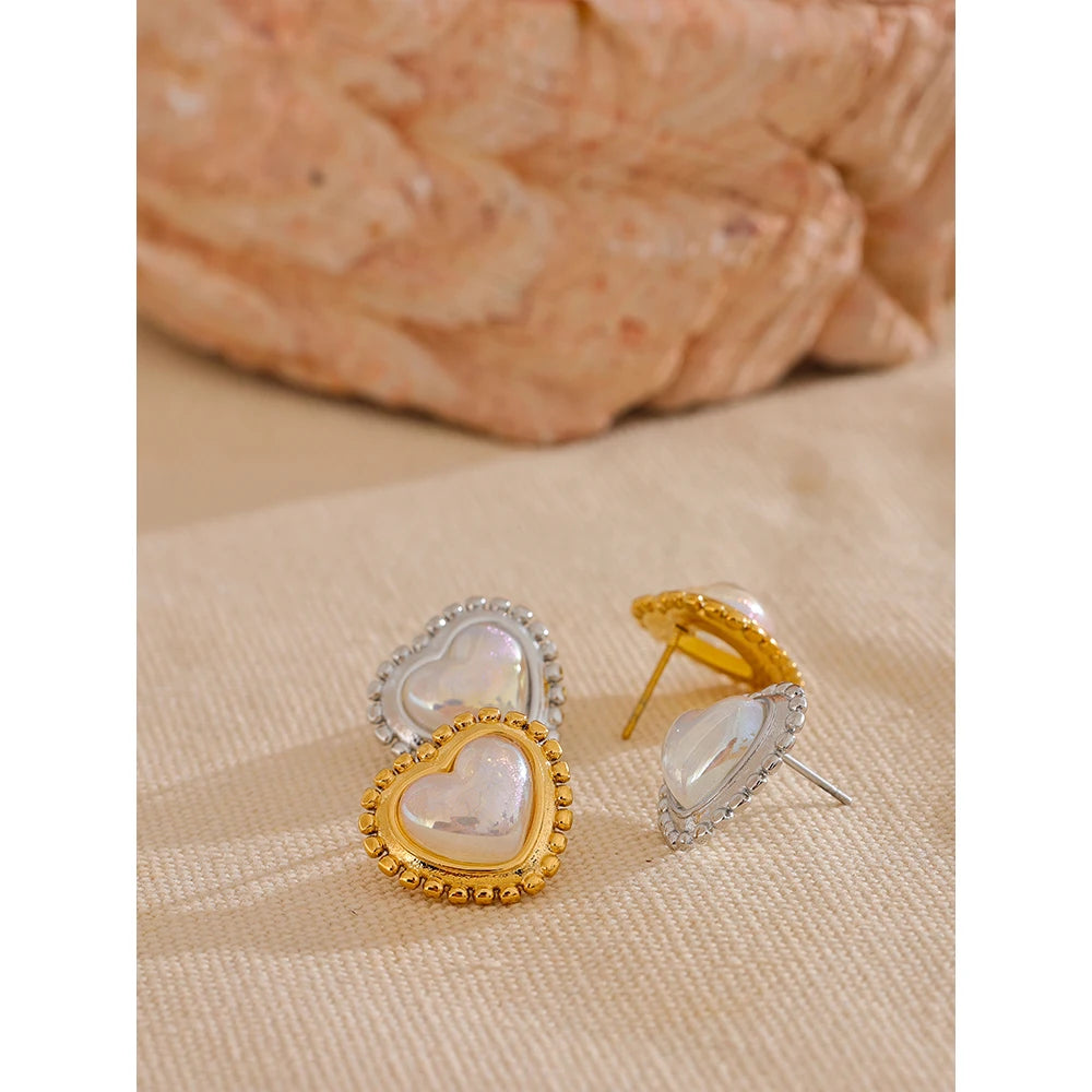 Exquisite Imitation Pearl Heart Love Daily Stainless Steel 18K Gold Plated Stud Earrings