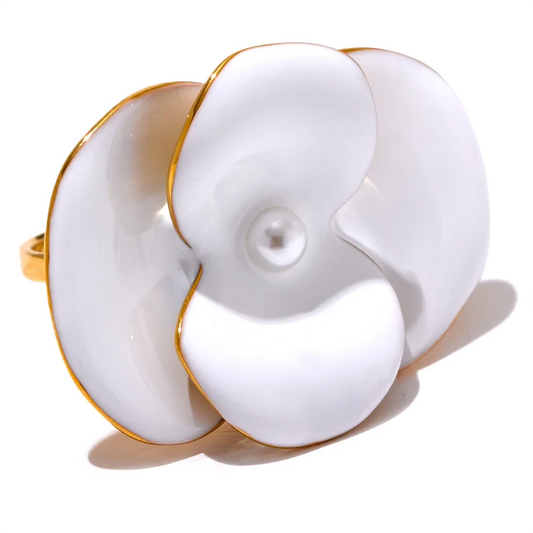 Exquisite White Enamel Flower Fashion Chic Adjustable Stainless Steel 18K Gold Plated Ring