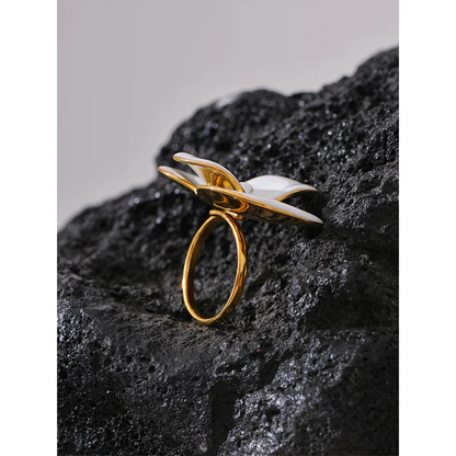 Exquisite White Enamel Flower Fashion Chic Adjustable Stainless Steel 18K Gold Plated Ring