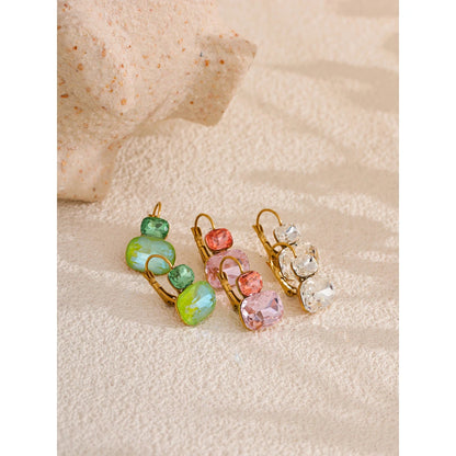 Crystal Candy Stud Earrings French Hoops Trendy White Green Pink Y2K 18k Gold Plated