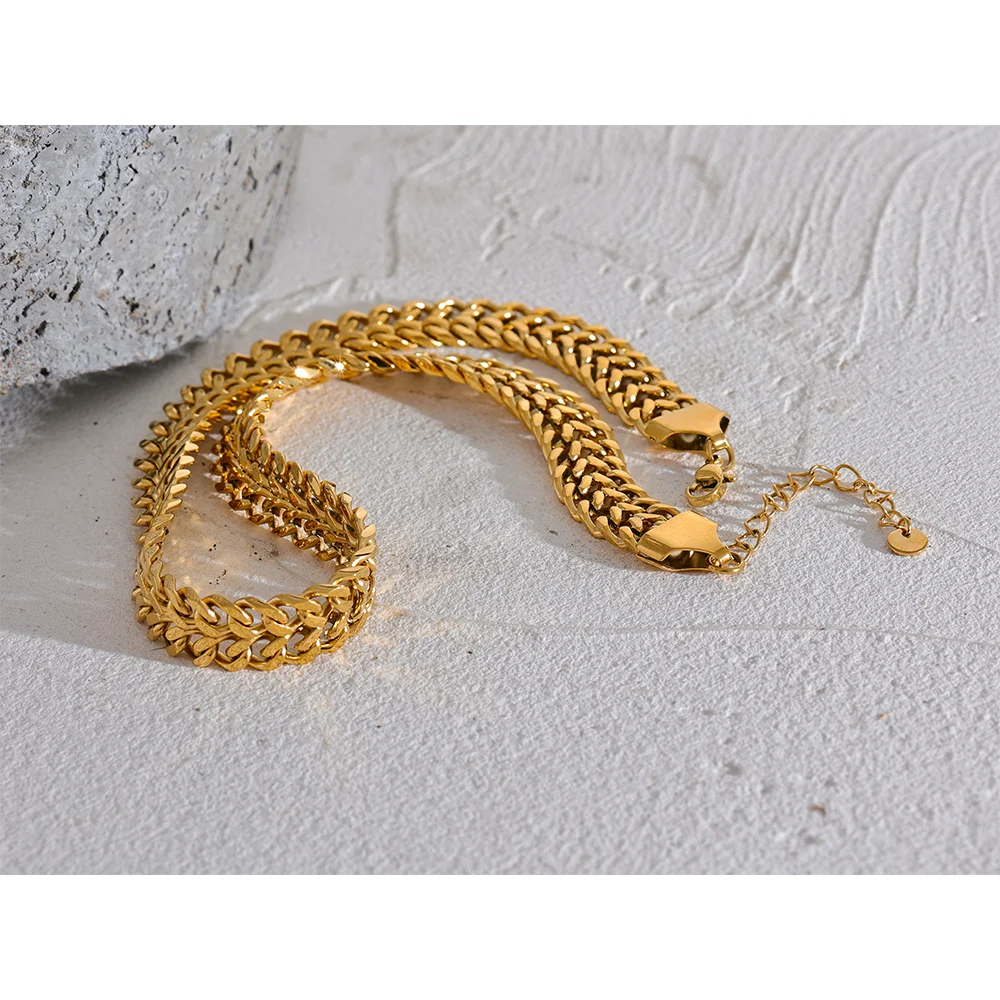 Grade Detailed Polished Stainless Steel Wide Chain Cuban Necklace Bracelete Waterproof Metal 18K Gold Plated