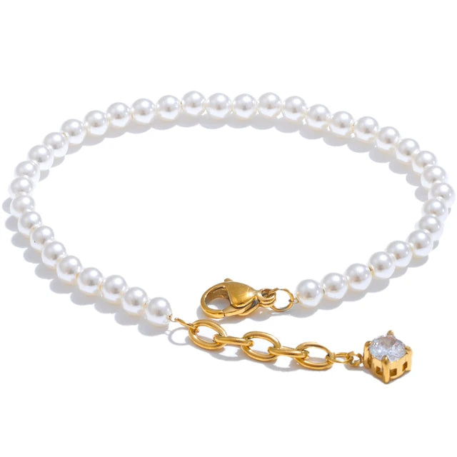 Simulated Pearls Beads Zircon Handmade Exquisite Chain Bracelet