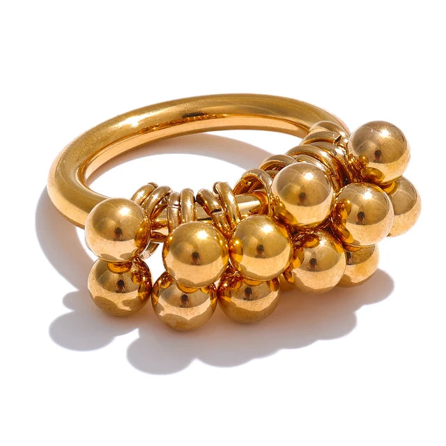 Texture Stainless Steel Metal Layered Round Beads Ring 18K Gold Plated