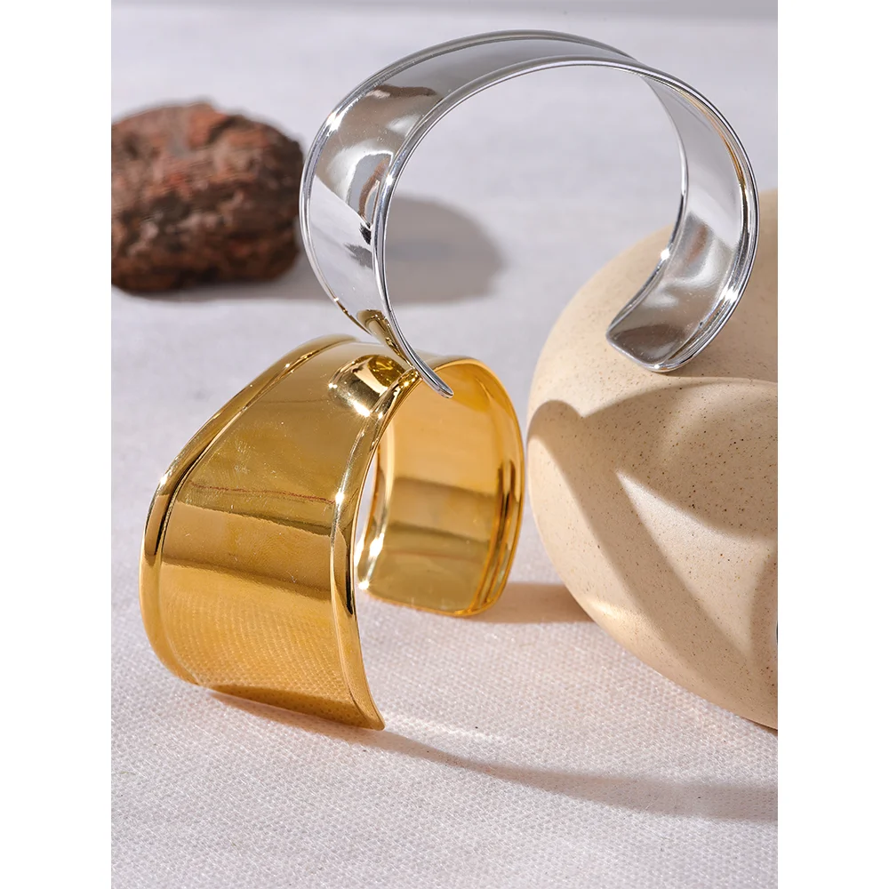 Wide Cuff Open Bracelet Stainless Steel 18K Gold Plated Metal