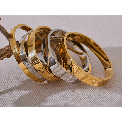 Texture Gold Silver Color Waterproof Stainless Steel Round Wide Bracelet Bangle