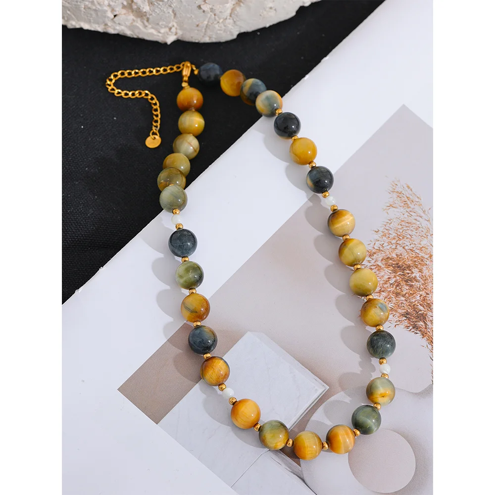 Natural Stone Tiger Round Beads Chain Collar Necklace Stainless Steel Handmade Necklace