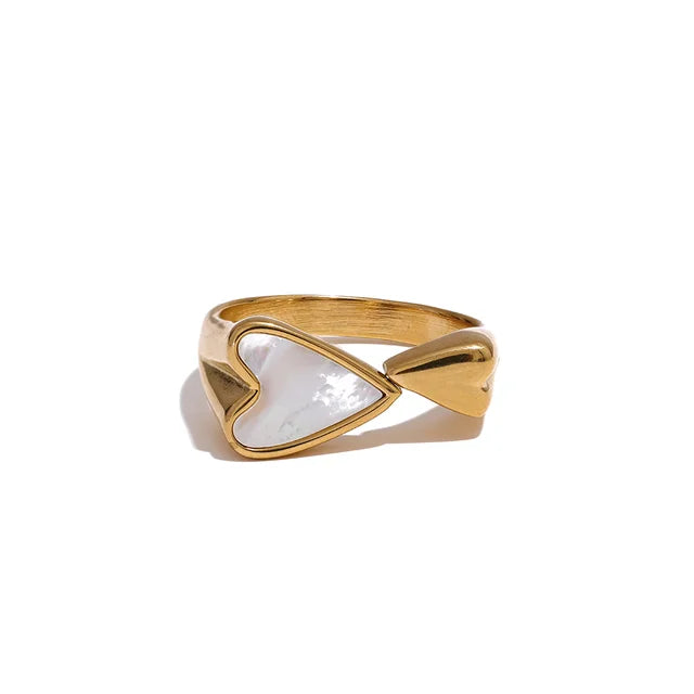 Shell Acrylic Heart Stainless Steel Stylish Ring for Women Charms Metal Texture 18K Gold Plated