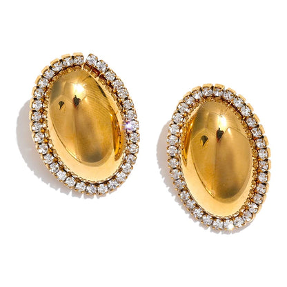 Oval Stud Earrings 316L Stainless Steel 18K Gold Plated Shiny Cubic Zirconia Smooth Metal