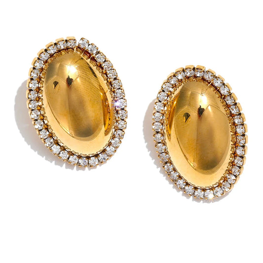 Oval Stud Earrings 316L Stainless Steel 18K Gold Plated Shiny Cubic Zirconia Smooth Metal