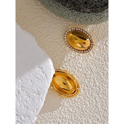 Oval Stud Earrings 316L Stainless Steel 18K Gold Plated Shiny Cubic Zirconia Smooth Metal