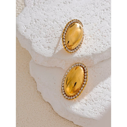 Oval Stud Earrings 316L Stainless Steel 18K Gold Plated Shiny Cubic Zirconia Smooth Metal