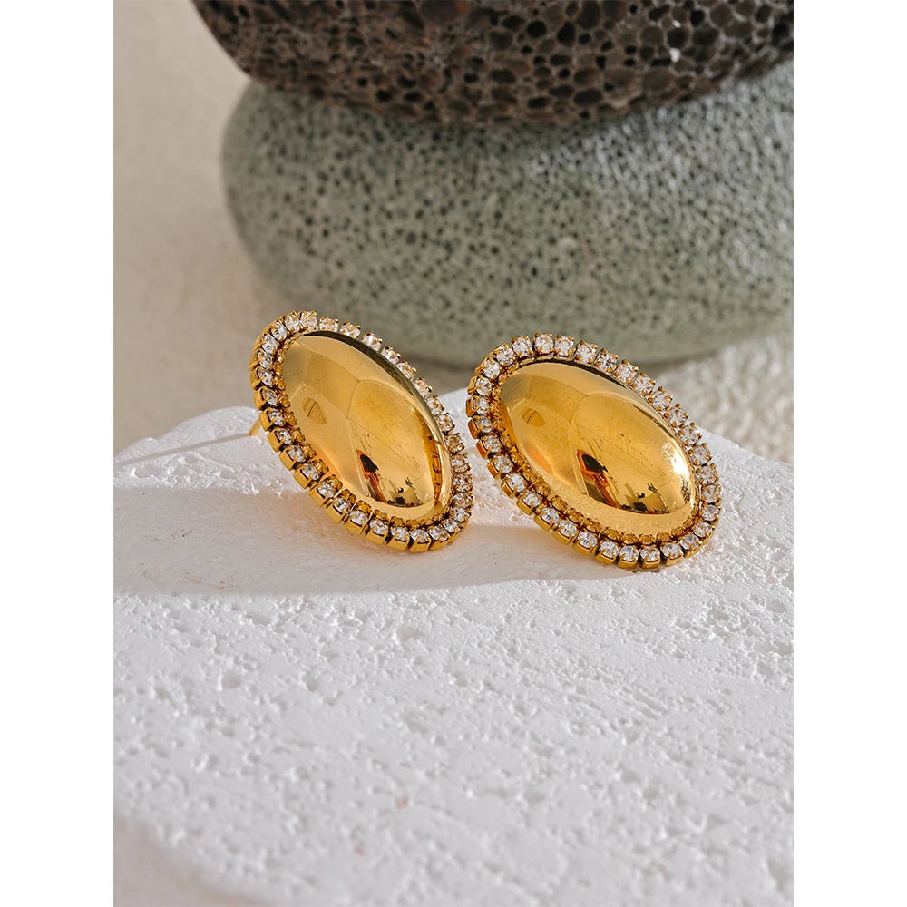 Oval Stud Earrings 316L Stainless Steel 18K Gold Plated Shiny Cubic Zirconia Smooth Metal