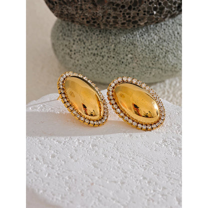 Oval Stud Earrings 316L Stainless Steel 18K Gold Plated Shiny Cubic Zirconia Smooth Metal