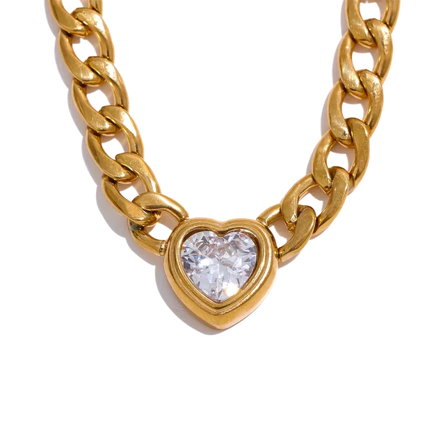 Stainless Steel Golden Chain Link Heart Bling Zirconia Pendant Necklace 18K Gold Plated