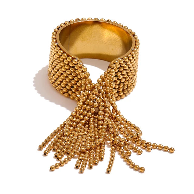 Statement Stainless Steel Chain Tassel Finger Ring Adjustable 18KGold PVD Plated