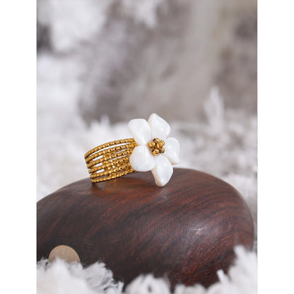 Thicker Natural Shell Flower Open 18K Gold Plated Ring Fashion Stainless Steel Stylish Exquisite